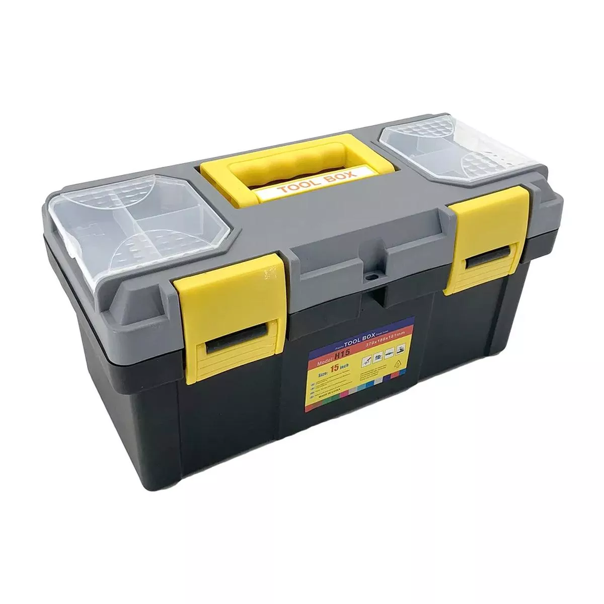 Yellow and black plastic toolbox, multiple sizes