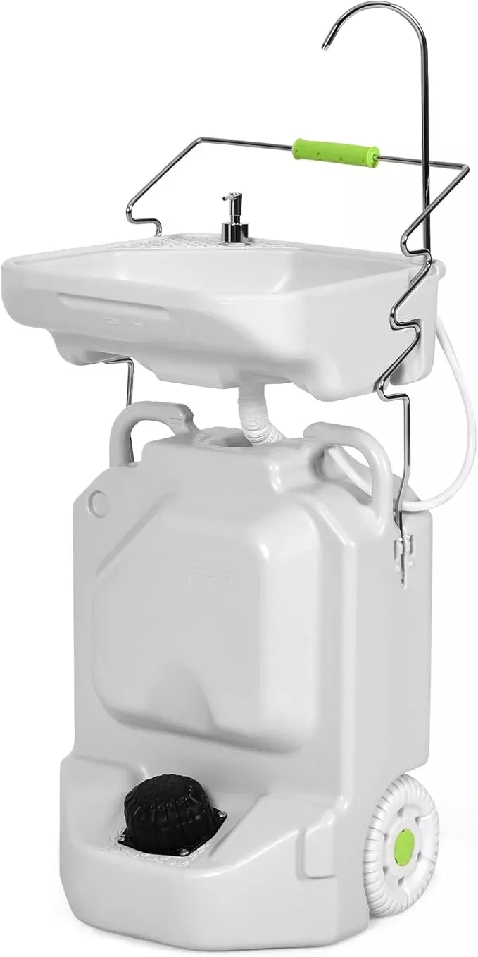 YITAMOTOR 38L Portable Camping Sink, Portable Hand Washing Station with Adjustable Wash Basin, Large Wheels, Foot Pump, Towel Holder Soap Dispenser for Outdoors, Garden, Camping, Worksites, Camping