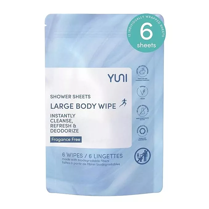 YUNI Beauty Large Body Wipes (Unscented, 6 Count) Super Soft Moist Showerless Wipes that Cleanse & Deodorize - On-the-Go Waterless Body Cleanser - Biodegradable Individually Wrapped Wipes for Travel