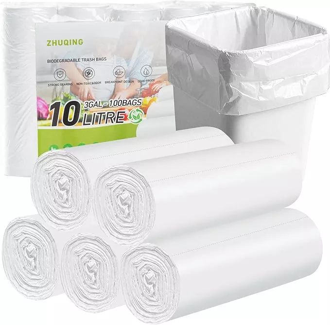 Zhuqing 3 Gallon Trash Bags, 10L Biodegradable Garbage Bags, 100 Counts Compost Wastebasket Liners Bags for Kitchen Bathroom Office, White